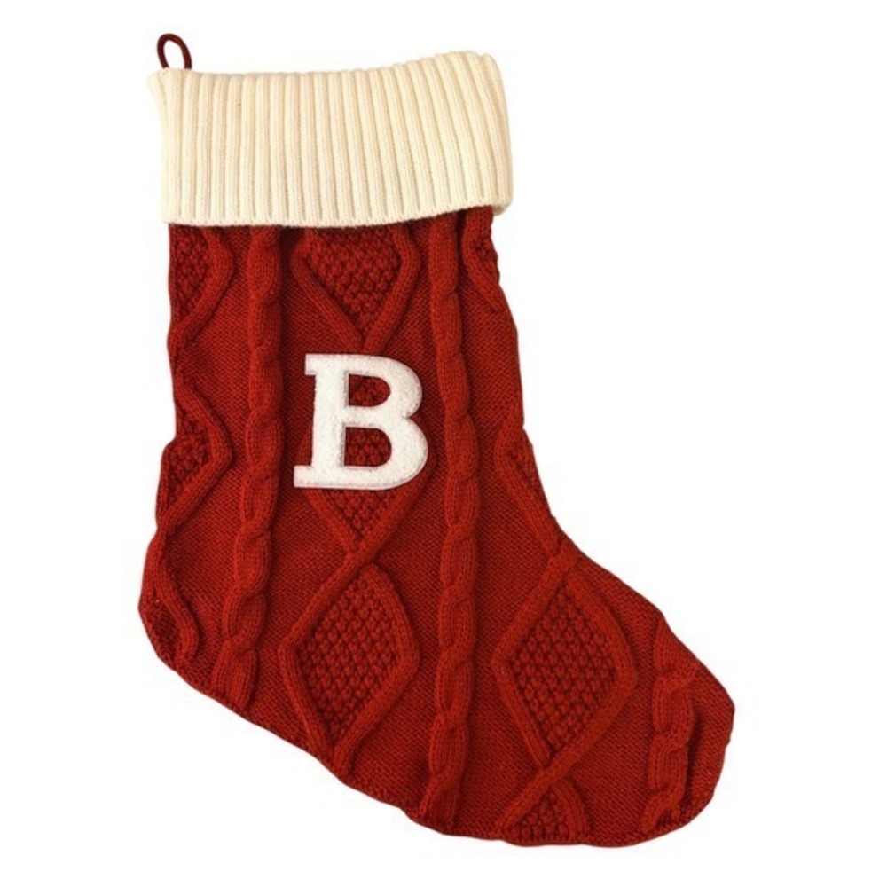 NEW Red & Cream Cable Knit Monogram "B"Christmas Stocking Holiday Decor - Picture 2 of 4